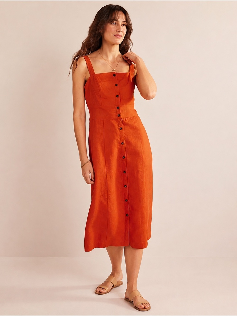 Boden Kumquat Orange Linen Button Front Midi Dress | US 10P